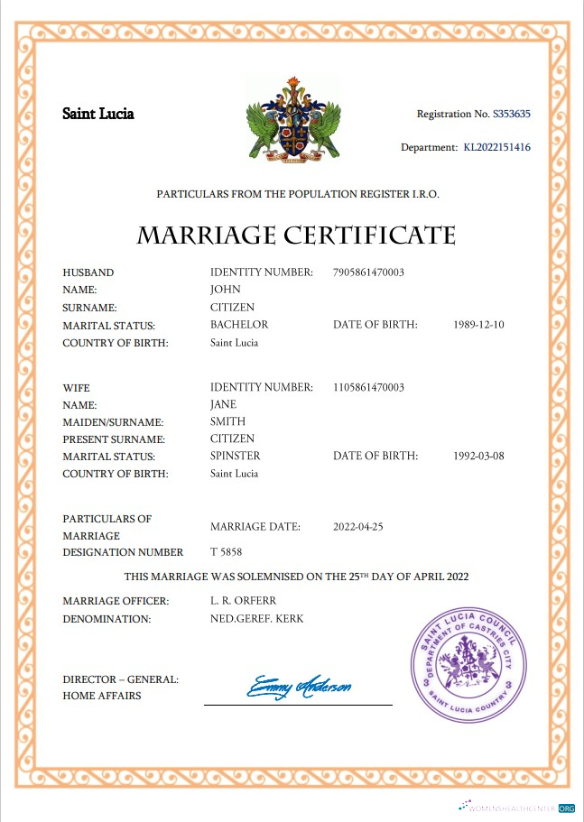 Download Saint Lucia marriage certificate Word and PDF template Photoshop template